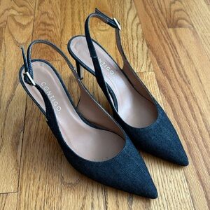 Denim Pointed Toe Slingback Kitten Heels